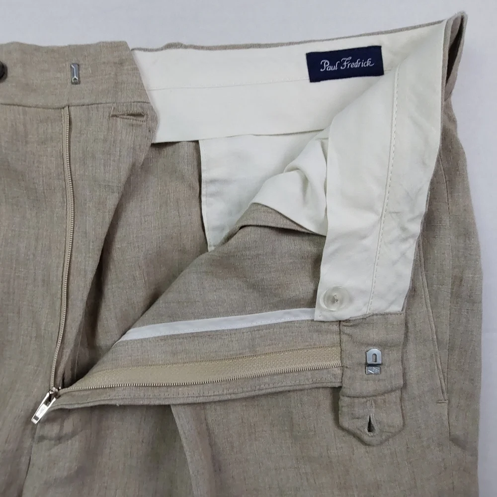 Paul Fredrick Dress Pants Mens Size 38x29 Beige Tan 100% Linen Pleated Cuffed